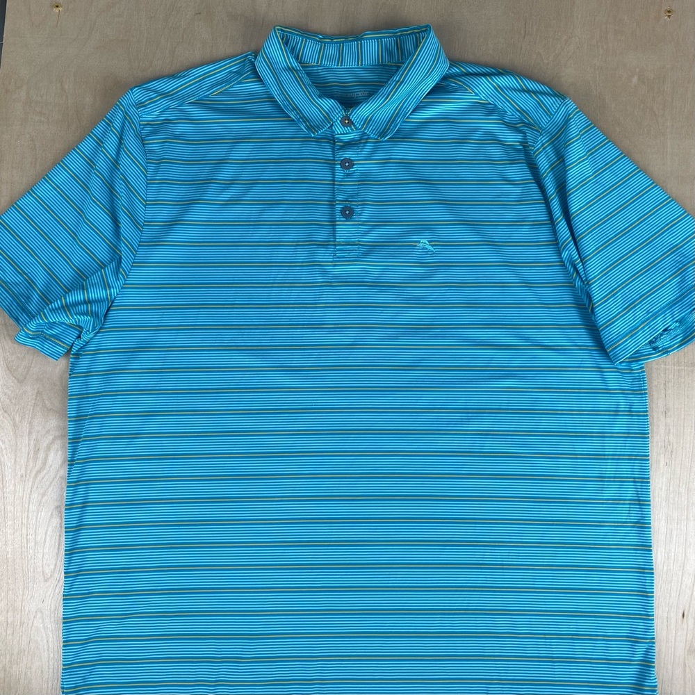 Tommy Bahama Mens XL Polo Shirt Island Zone Blue/Yellow Striped